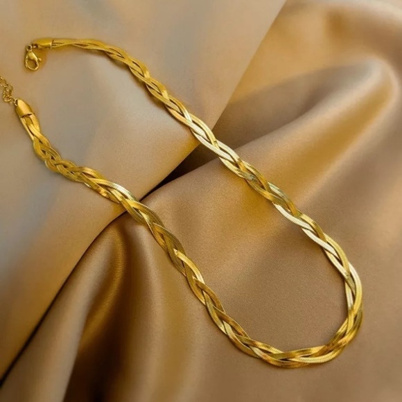 𝅺New Tri-Color Gold Double Twist Snake Herringbone Necklace - Picture 12 of 15